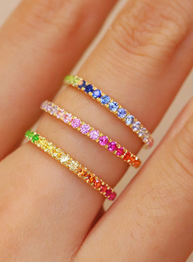 s925纯银戒指女ins风~绽放绚丽光芒~整圈彩虹渐变色排戒日常通勤