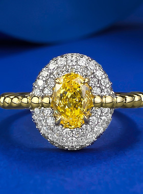 隆隆金珠宝直播新款S925银镀金高碳钻5*7发财黄钻鹅蛋冰花切戒指