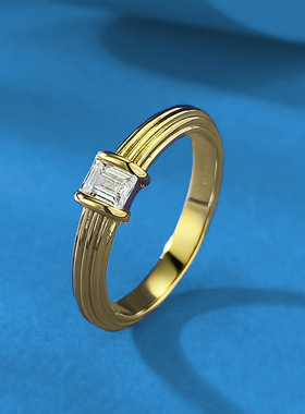 辉之翼珠宝 S925银镀金色3*4长方单钻戒指女简约唯美星芒女戒指环