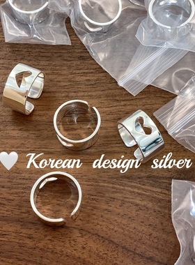 韩国东大门亮银宽版重工指环 S925纯银镂空爱心形开口戒指女