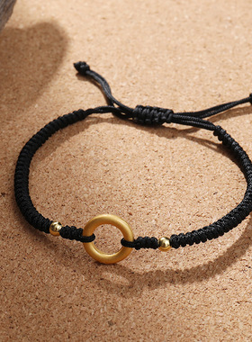 情侣款S925银镀金同心圆金珠红绳手链平安扣DIY手绳生日礼物批发