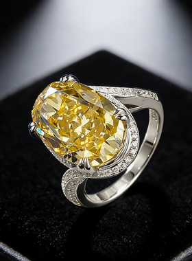 洛熙寺珠宝 新款S925银环形10*15mm椭圆黄钻冰花切戒指小红书直播