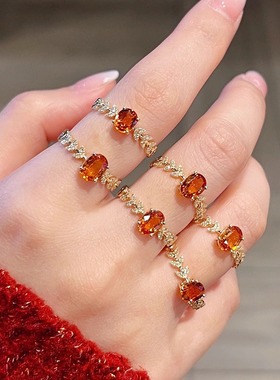 s925纯银戒指女ins叠戴法式风芬达橙黄指环小众简约精致时尚通勤