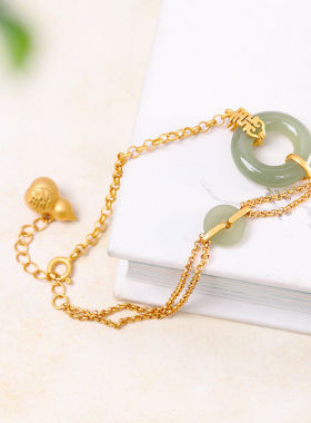 S925纯银创意平安扣青玉雕刻双喜葫芦手链天然和田玉碧玉玉石复古