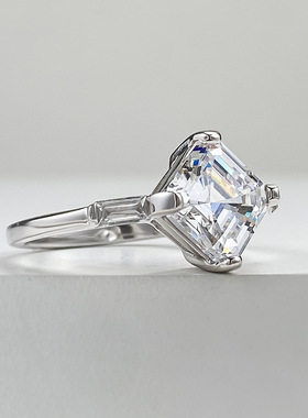 隆隆金珠宝S925银闪亮阿斯切切割8*8mm白钻女仿真白钻戒指女礼物