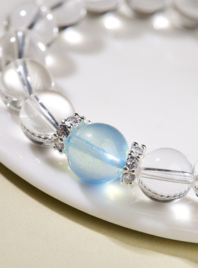 保真天然白水晶海蓝宝圆珠手链女款简约清新手串礼物饰品厂家