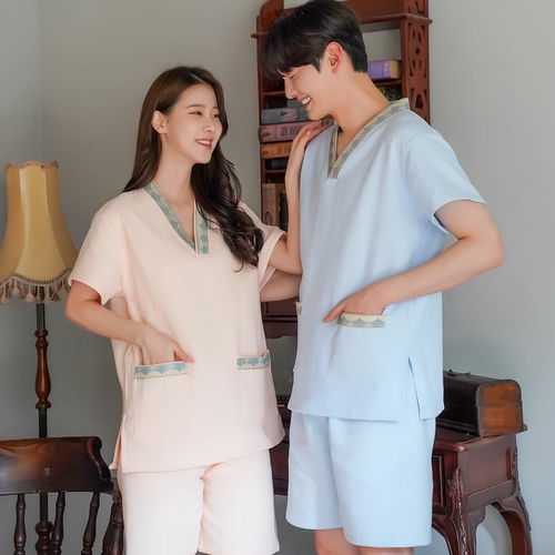 汗蒸服纯棉男女情侣浴袍厚料华夫格家居服高档贵宾服套装桑拿服足 - 图1