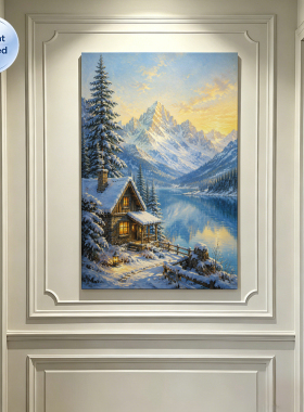 雪景山水风景油画挂画客厅高级感装饰画雪山木屋壁画