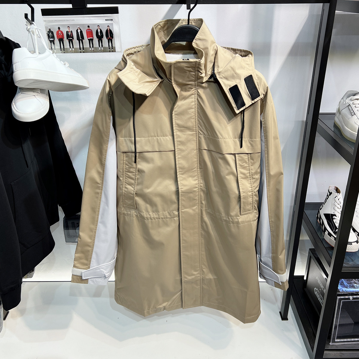 柜1K+！G家男装卡其色中长款连帽风衣兔子刺绣拼色休闲夹克外套男,淘宝优惠券,粉丝福利购,淘宝优惠卷