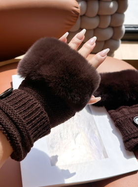 秋冬季獭兔毛保暖半指毛线手套