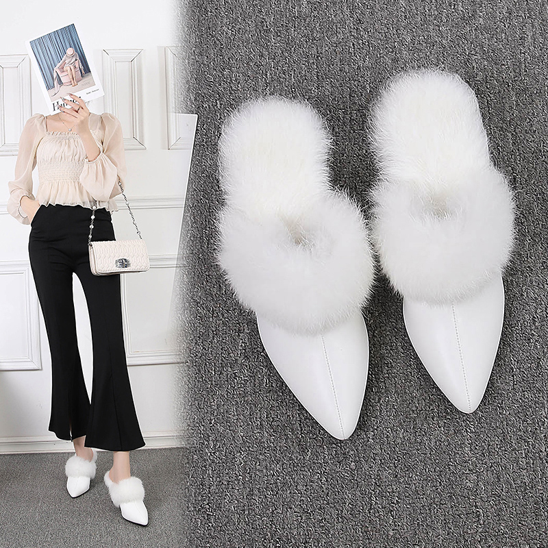 毛毛拖鞋女冬季新款包头半拖粗跟尖头时尚百搭高跟真兔毛女拖鞋 - 图0