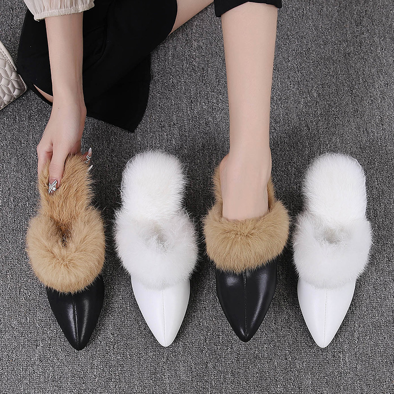 毛毛拖鞋女冬季新款包头半拖粗跟尖头时尚百搭高跟真兔毛女拖鞋 - 图3