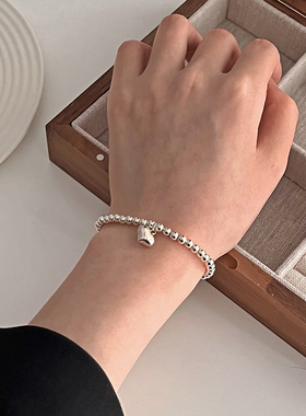 通体925纯银串珠爱心手链 简约素银色弹力绳手环 简约韩版