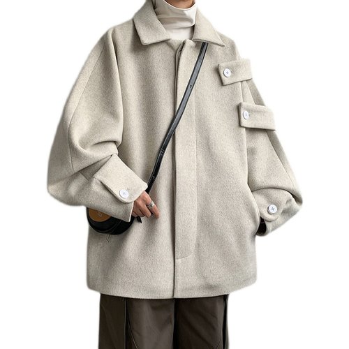 美式复古纯色毛呢外套男秋冬季小众宽松休闲上衣ins潮牌翻领大衣 - 图3