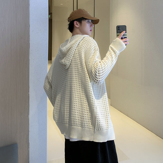 Hollow sweater male oversize design sensory cardigan sweater loose Hong Kong style BF trend personality hooded top