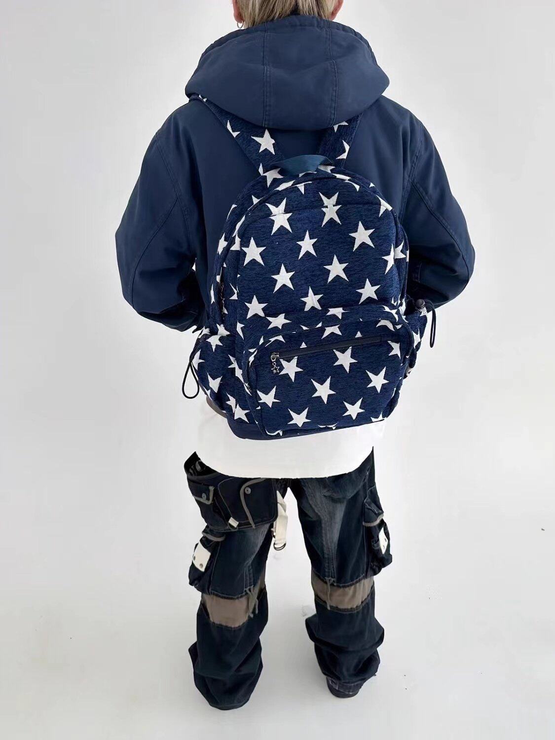 Mirenbu迷人布 拼接双肩包 麂绒星星牛仔条纹大容量情侣百搭春夏 - 图0