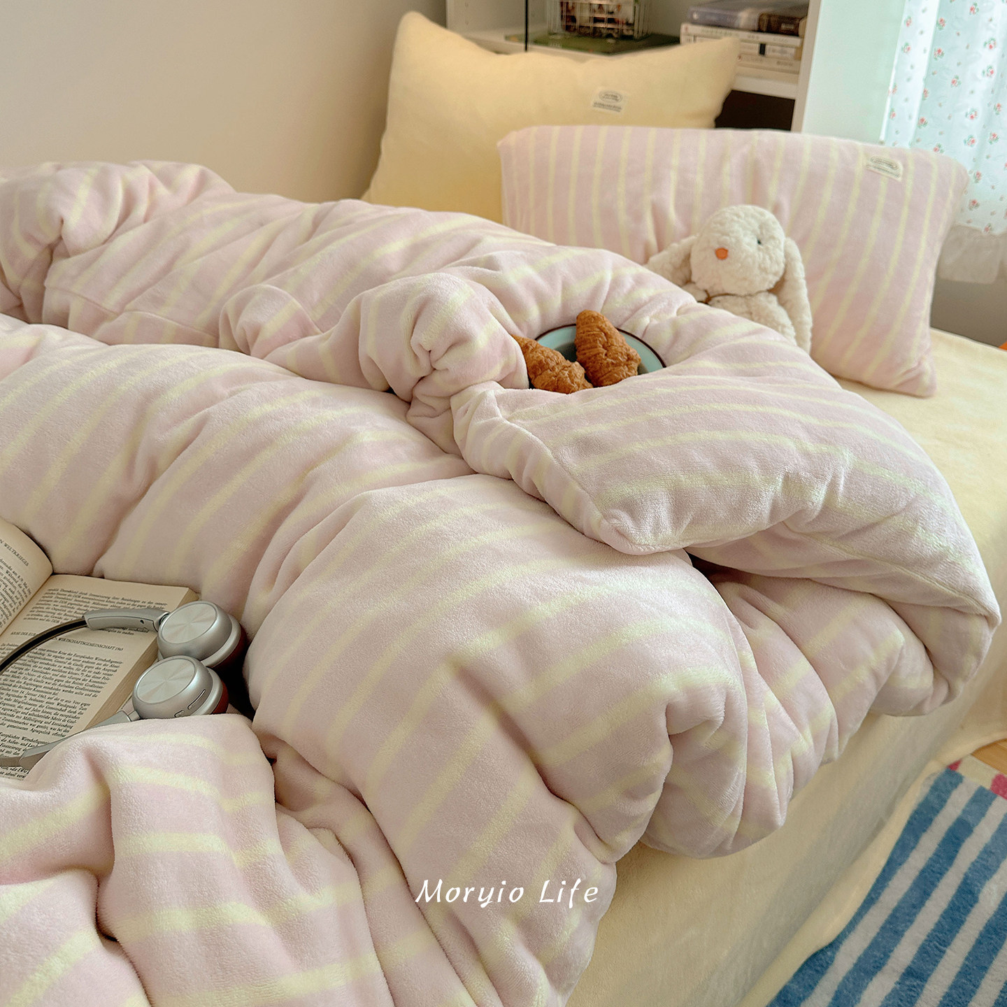 木悠简约条纹秋冬保暖牛奶绒四件套珊瑚绒被套床单学生宿舍三件套,淘宝优惠券,粉丝福利购,淘宝优惠卷