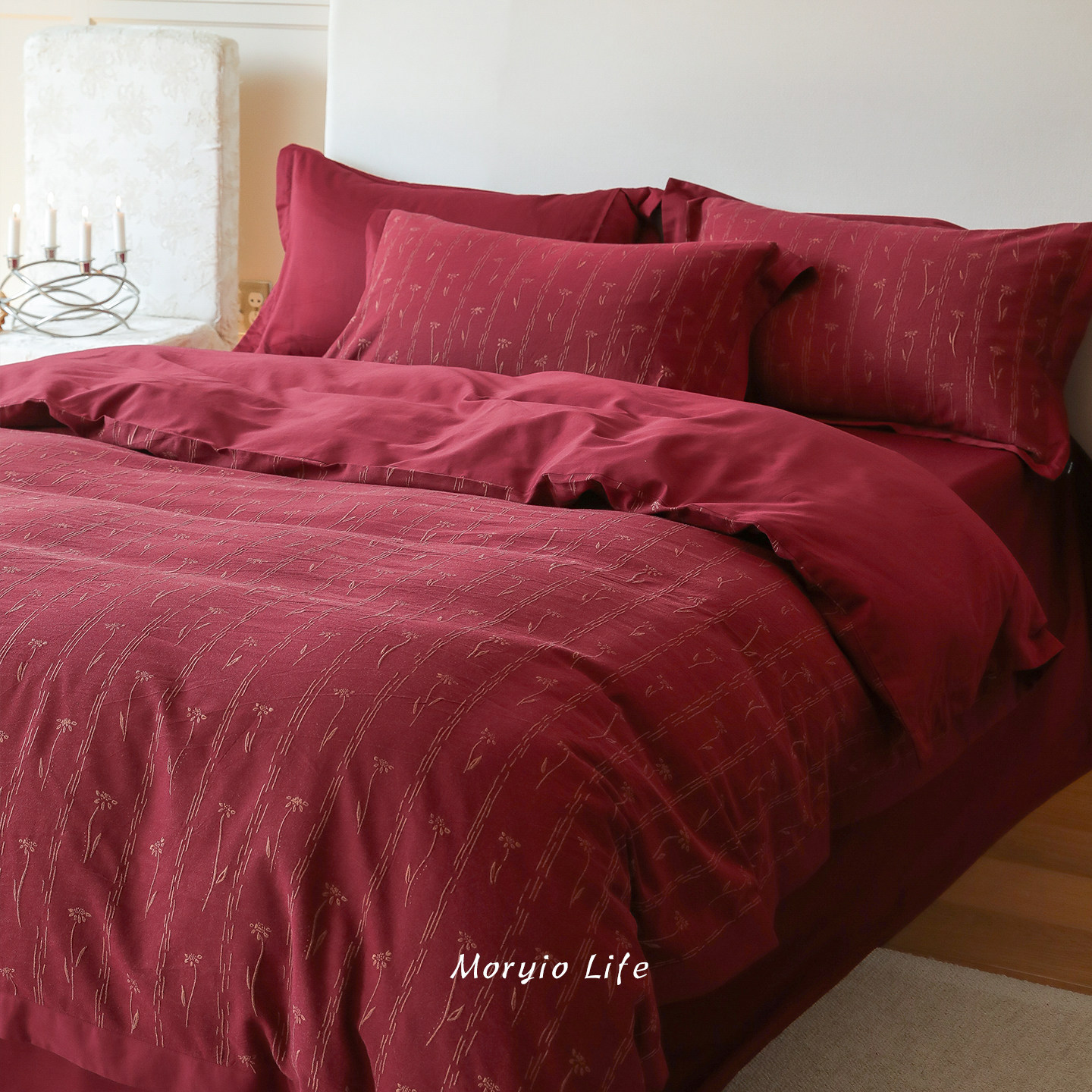 木悠渐变金丝立体浮雕色织提花全棉四件套红色婚庆款纯棉被套床单,淘宝优惠券,粉丝福利购,淘宝优惠卷