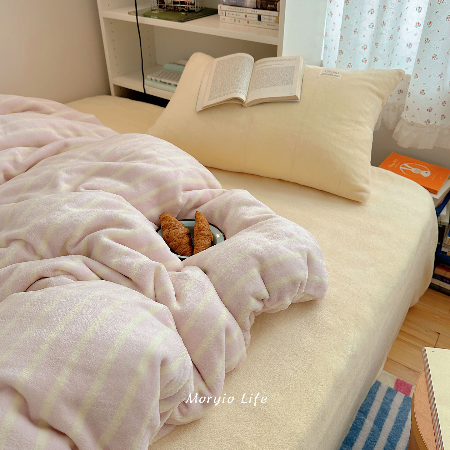 木悠简约条纹秋冬保暖牛奶绒四件套珊瑚绒被套床单学生宿舍三件套,淘宝优惠券,粉丝福利购,淘宝优惠卷