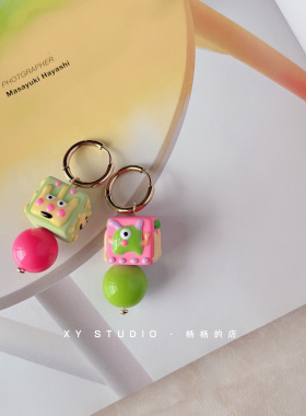 XYSTUDIO原创手作小怪兽可爱搞怪多巴胺撞色日系夸张耳环耳夹定制