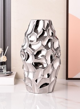 简约现代时尚电镀金银陶瓷花瓶家居软装饰工艺品摆件三件套望城