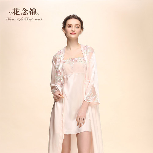 花念锦真丝睡袍女 性感蕾丝吊带睡裙两件套 100%桑蚕丝丝绸家居服 - 图0