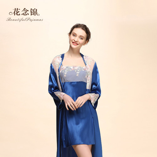 花念锦真丝睡袍女 性感蕾丝吊带睡裙两件套 100%桑蚕丝丝绸家居服 - 图1