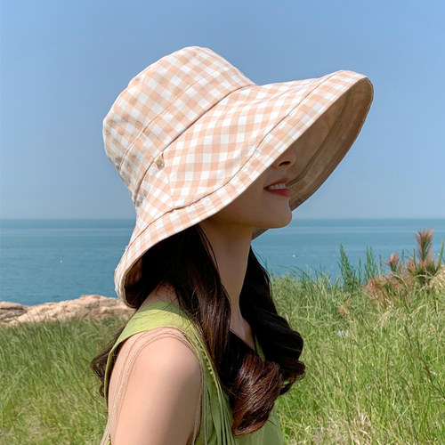 双面格子渔夫帽女春夏天可折叠防晒遮阳大檐太阳帽子遮脸防紫外线 - 图1