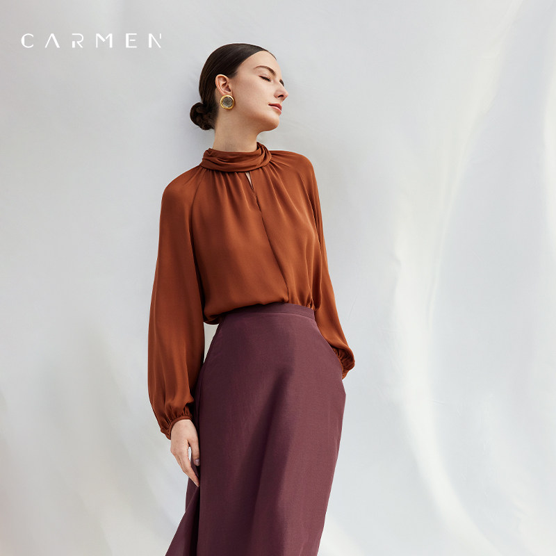 Carmen高端新年红色桑蚕丝衬衫女长袖25秋季设计感OL气质真丝上衣