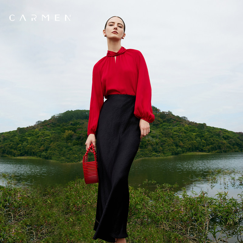 Carmen高端新年红色桑蚕丝衬衫女长袖25秋季设计感OL气质真丝上衣