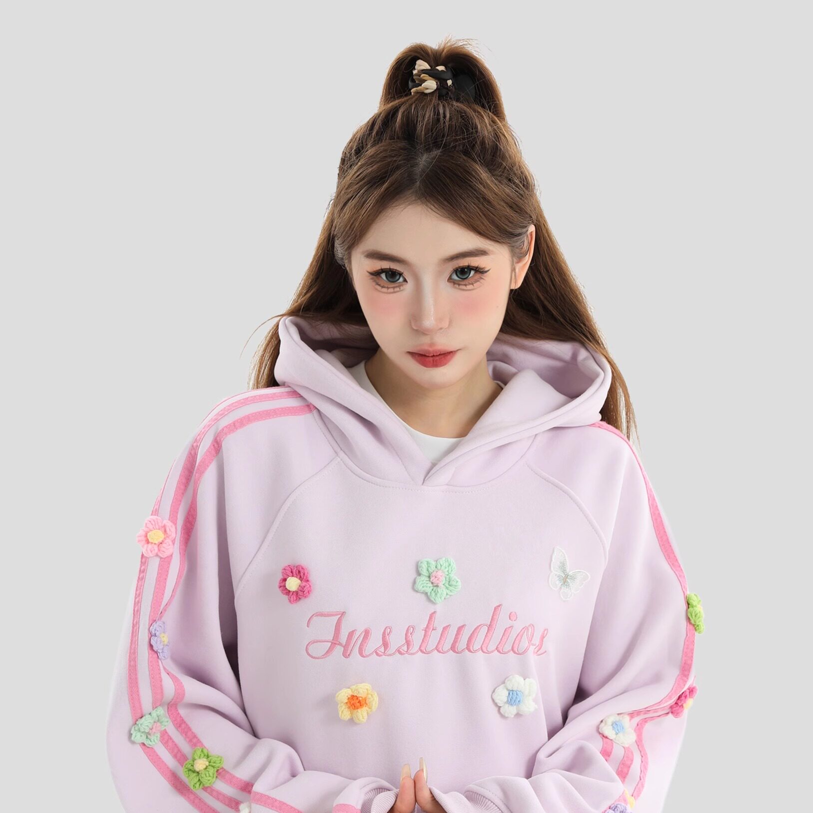 INSstudios 国潮牌情侣美式手缝立体花卉卫衣宽松套头加绒连帽衫