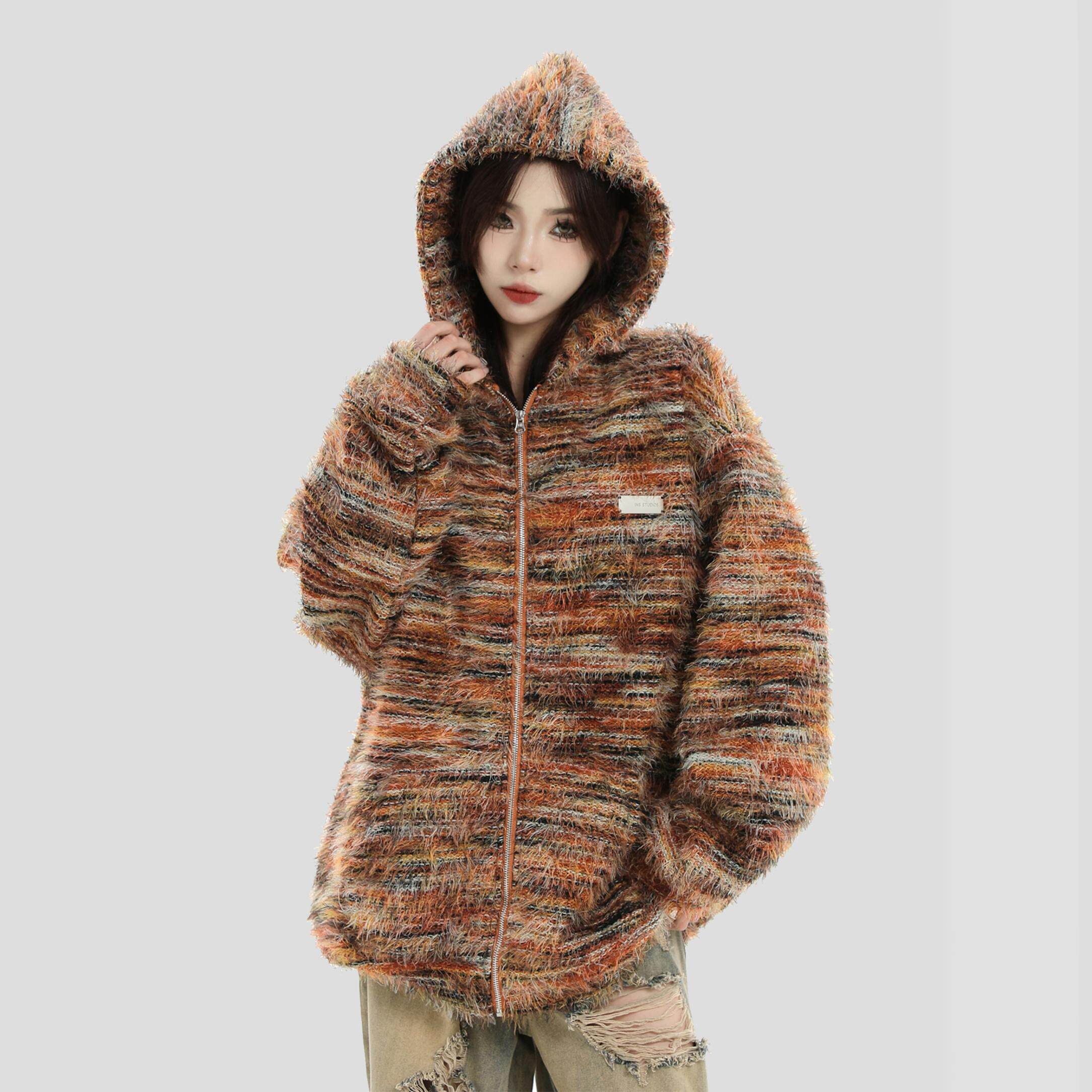 INSstudios 国潮牌情侣美拉德油画渐变条纹卫衣宽松加绒开衫外套