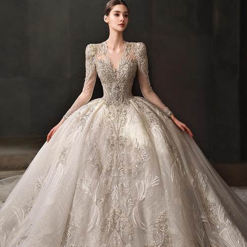 【许愿池公主】2025新款重工长袖宫廷长袖婚纱新娘结婚主纱大拖尾 - 图1