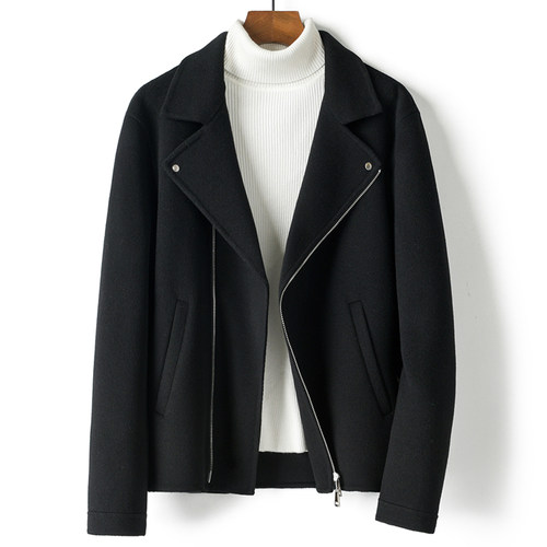 新款双面呢西装领短款夹克男士羊毛呢子大衣无羊绒机车休闲外套潮 - 图0