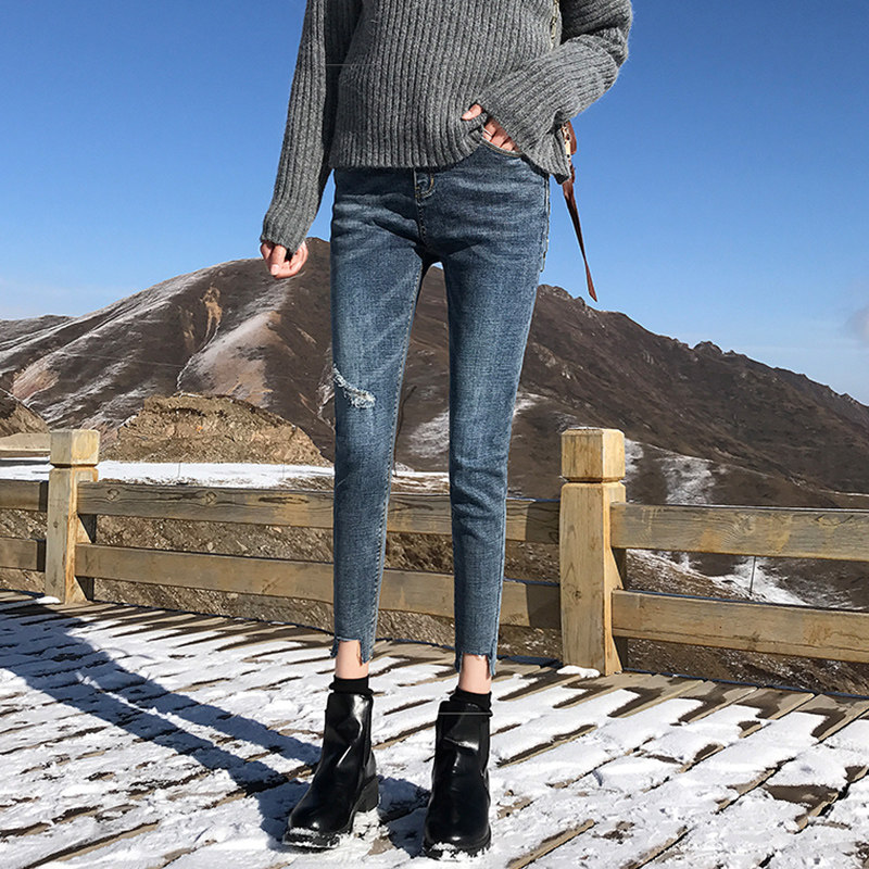 秋装2020年新款烟灰色八分小脚裤子 装奈牛仔裤