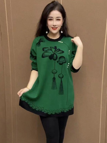 中年妈妈春秋冰丝针织衫上衣时尚大码荷花打底衫冬季宽松遮肚小衫 - 图3