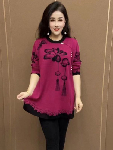 中年妈妈春秋冰丝针织衫上衣时尚大码荷花打底衫冬季宽松遮肚小衫 - 图2