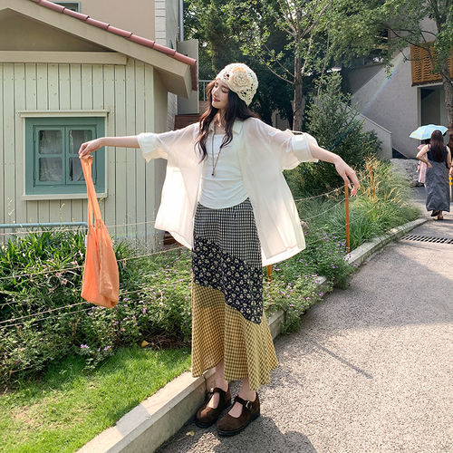 觅定碎花格子拼接半身裙女夏季2025新款高腰显瘦中长版气质裙子 - 图2