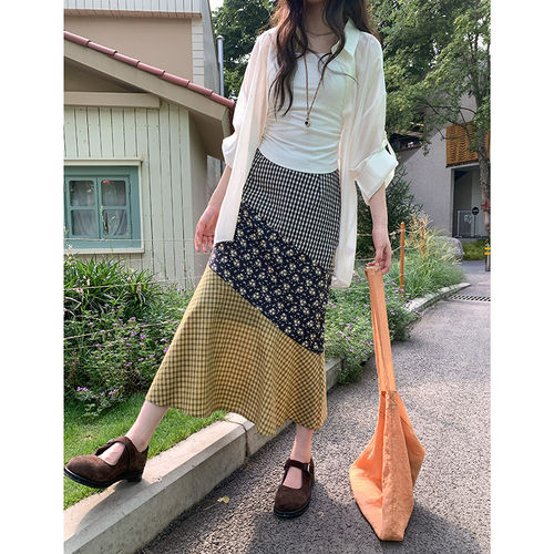 觅定碎花格子拼接半身裙女夏季2025新款高腰显瘦中长版气质裙子 - 图1