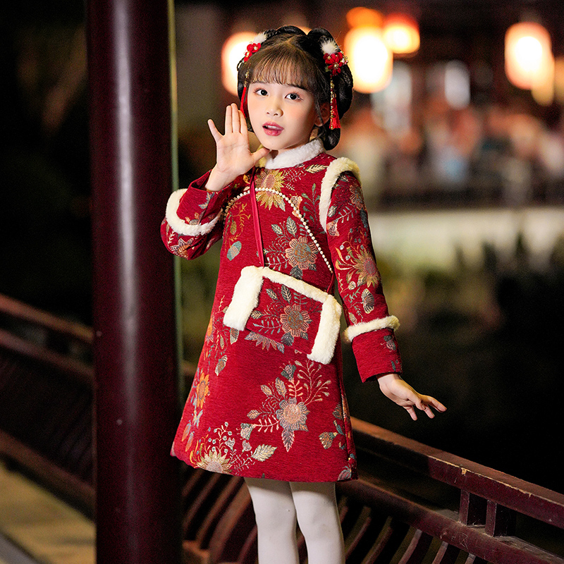 汉服女童唐装拜年服儿童过年冬装旗袍秋冬季新年衣服国风裙子新款