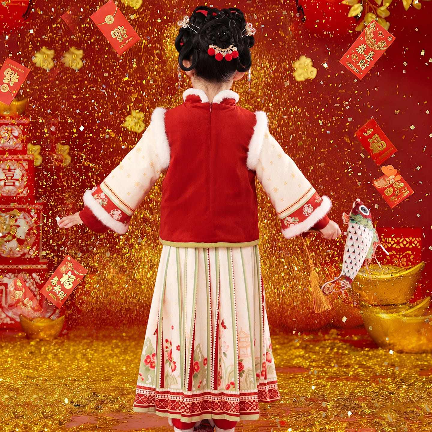 汉服女童冬款儿童中国风红色喜庆拜年服小女孩加绒加厚马面裙套装,淘宝优惠券,粉丝福利购,淘宝优惠卷