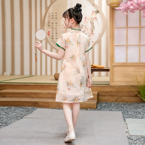 Ретро летнее ципао, детское платье, юбка, летняя одежда, китайский стиль, короткий рукав