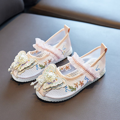 女童古风汉服鞋子儿童绣花鞋民族宝宝古装老北京布鞋小公主旗袍鞋 - 图1