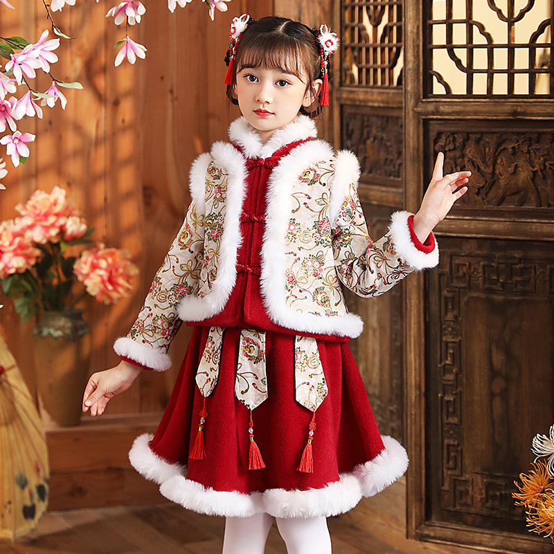 汉服女童冬装新年衣服儿童中国风童装加厚唐装女孩过年拜年服冬季 - 图0