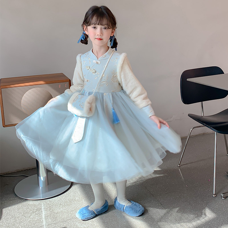 汉服女童拜年服冬季儿童新年衣服加绒连衣裙女孩生日礼服冬装唐装 - 图2