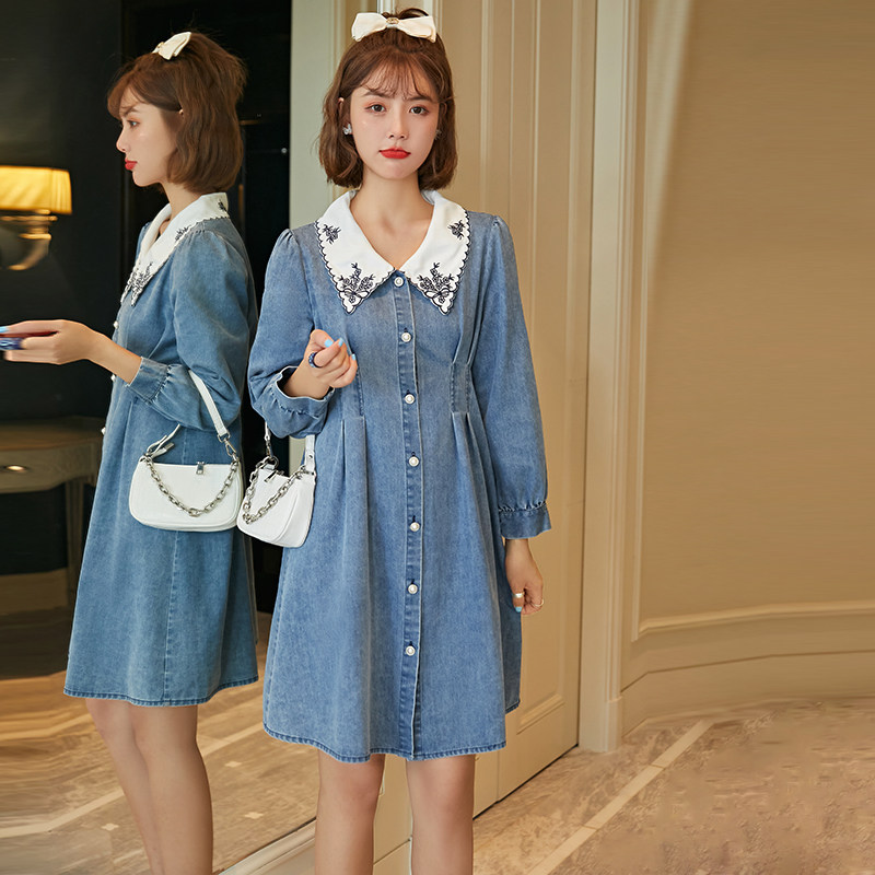 孕妇装秋款长袖娃娃领蓝色连衣裙 孕雅姿连衣裙