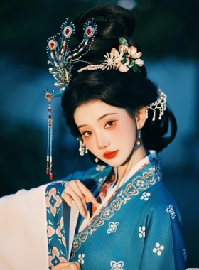 团紫原创古风新娘汉服烧蓝侧面金丝凤凰大侧凤经典发型头饰发簪