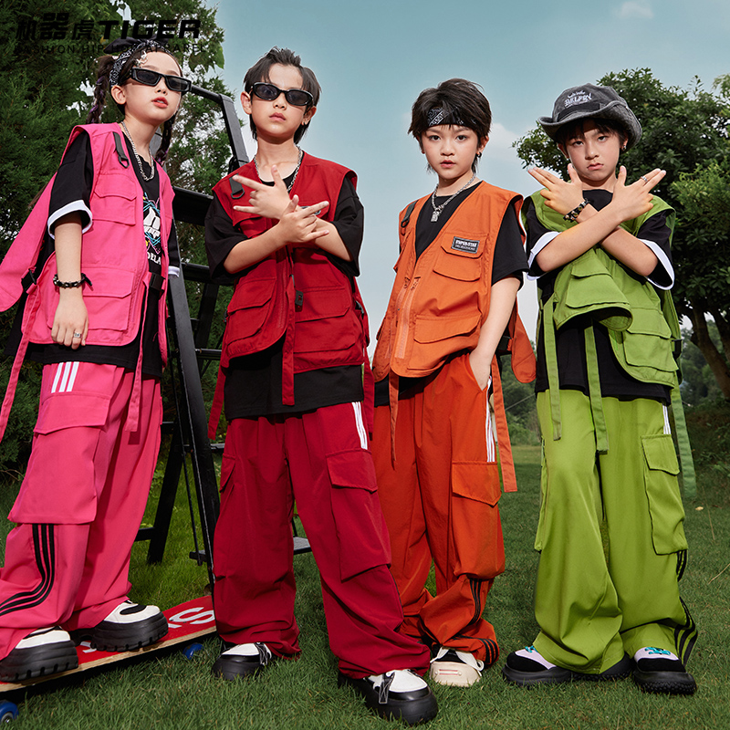街舞儿童潮服男童嘻哈街头风套装女童hiphop走秀马甲三件套演出服 - 图1