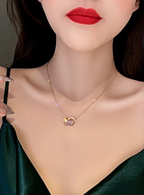 环环相扣罗马数字项链女双环吊坠钛钢锁骨链气质小众设计高级颈链