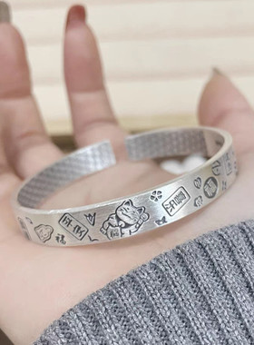 平安喜乐纯银手镯女足银猫咪手环